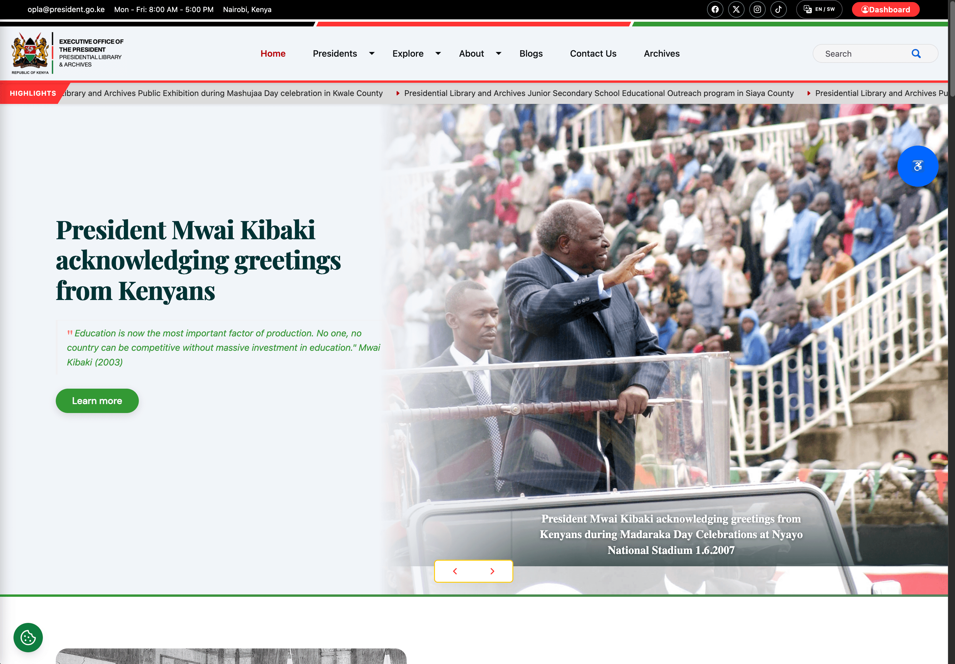 Screenshot of the Presidential Library and Archives website